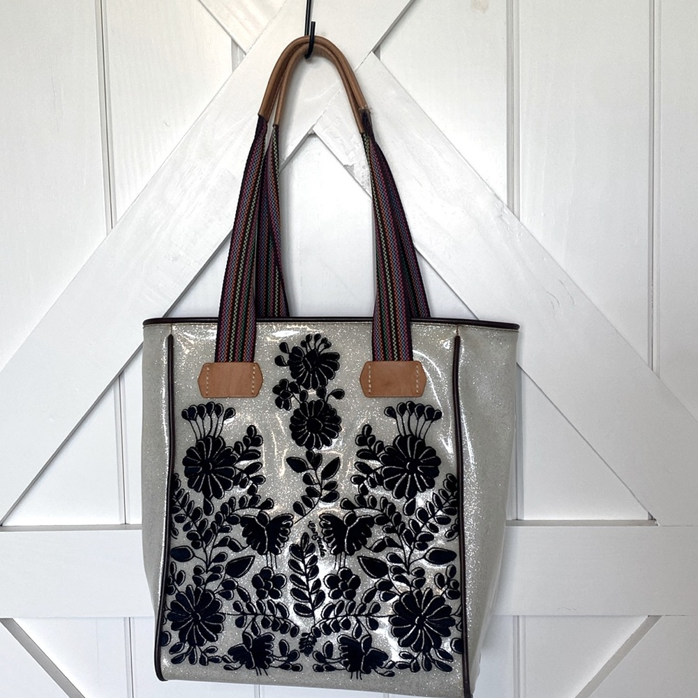 Consuela retired print white chica tote bag with black floral embroidery